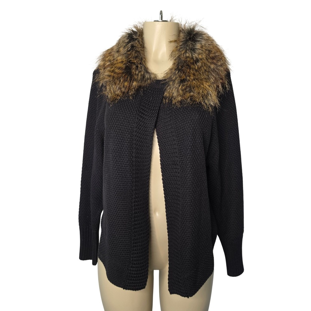 Peter Nygard Cardigan Women Black Faux Fur Collar Open Front Sweater Old Money